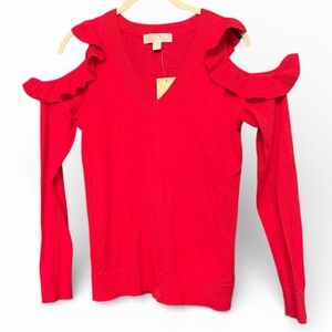 Michael Kors Vibrant Red Open Ruffled Shoulder Top Sz.